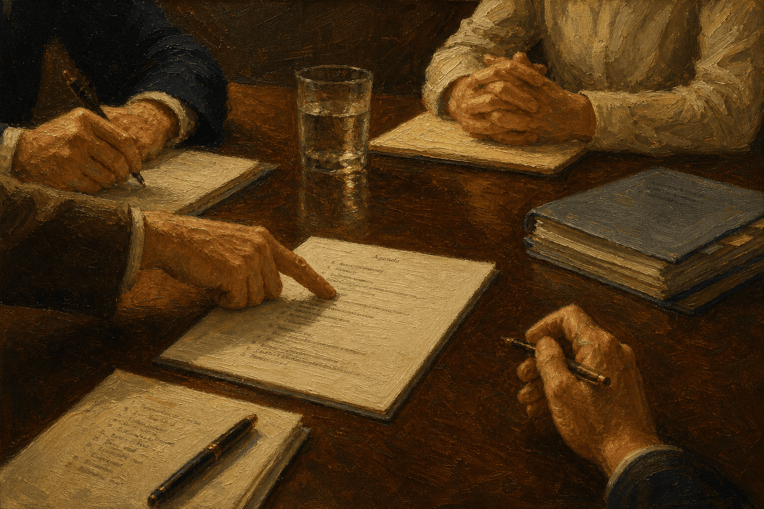 Oil painting of a board meeting table with hands reviewing documents